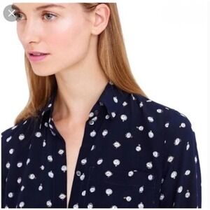 J. Crew Navy 100% Silk "Tick Tock" Clock/Watch Print Button Up Shirt Women Sz 2